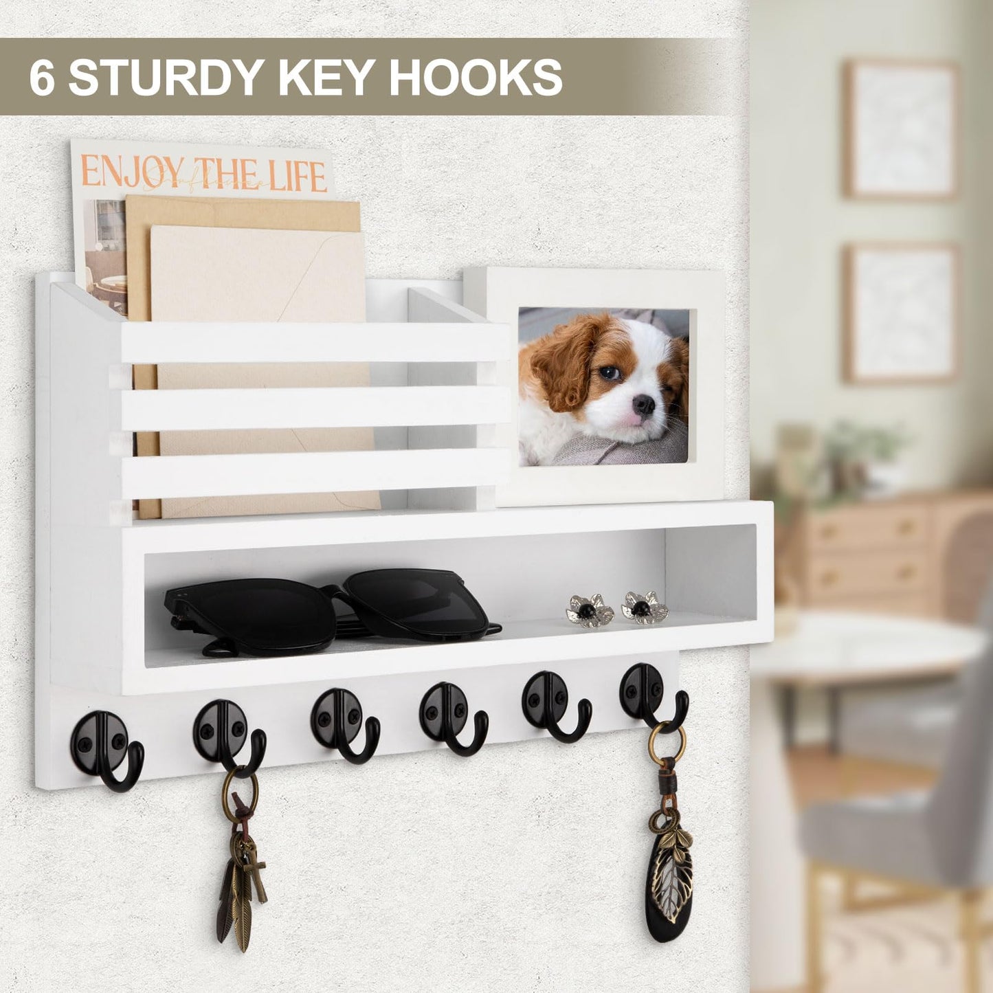Lucundm Key and Mail Holder Wall Mount, Key Hanger with Long Storage Box and Key Hooks for Coat, Dog Leash, Home Decor Rack, House Accessories, Entry Way Organizer