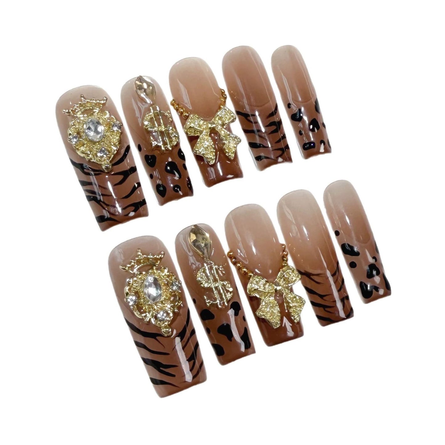 Handmade Press on Nails Long,Xl Square Fake Nails French Tip Leopard False Nails with Glue Charms Bow Design Acrylic Nails Press Ons Sparkly Full Cover Stick on Nail fo Women 10Pcs(Size M)