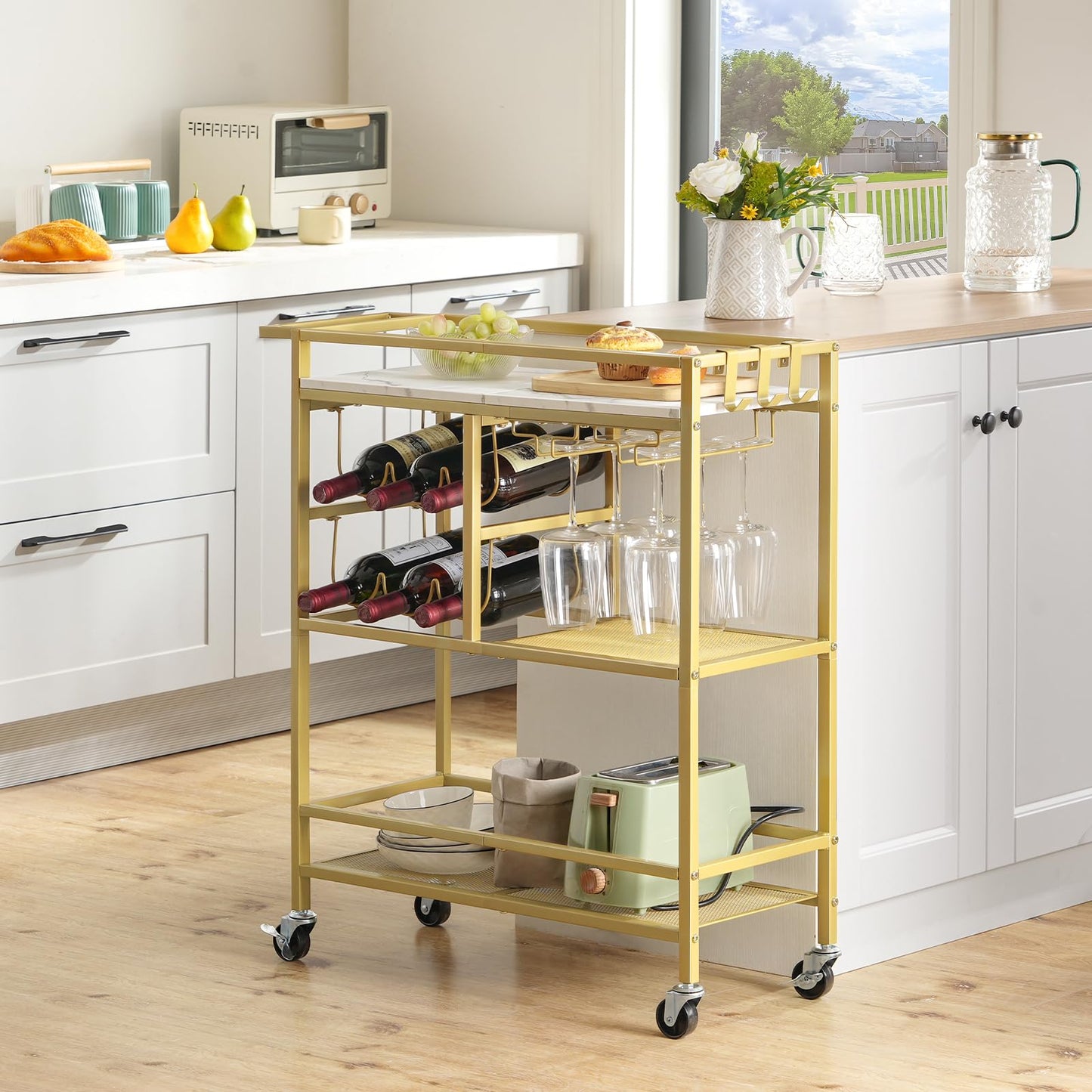 MAHANCRIS Bar Cart for Home and Bakers Rack with Power Outlet Bundle, Microwave Stand with Storage, RCJM6101-BRHR351E01