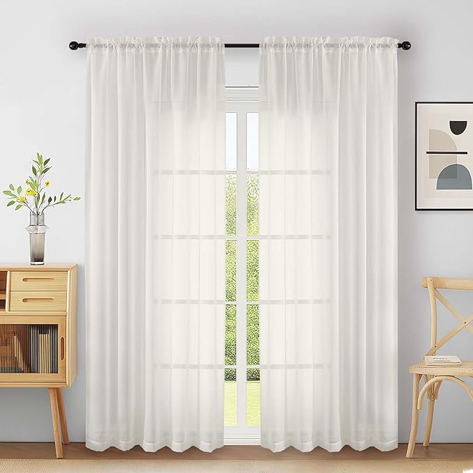 Extra Wide Ivory Sheer Curtains 90 Inches Long 2 Panels, Light Filtering Lightweight Solid Sheer Curtains for Bedroom Living Room, Window Voile Sheer Drapes, Dual Rod Pocket, 2x59Wx90L Inches