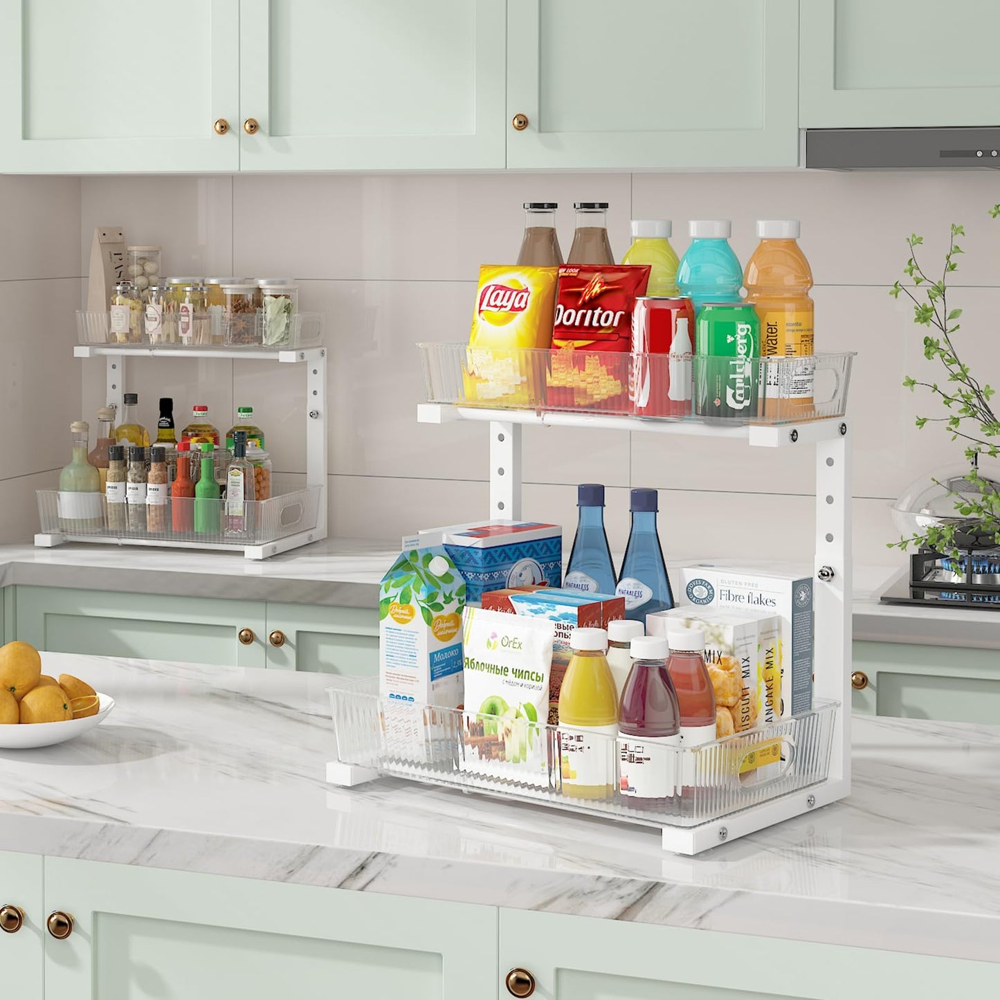 ADRIMER Under Sink Organizer 2 Packs, Pull Out Kitchen Sink Organizer, 2 Tier Slide Out Kitchen Organizers and Storage Bathroom Under Cabinet Storage Shelf, Transparent & White