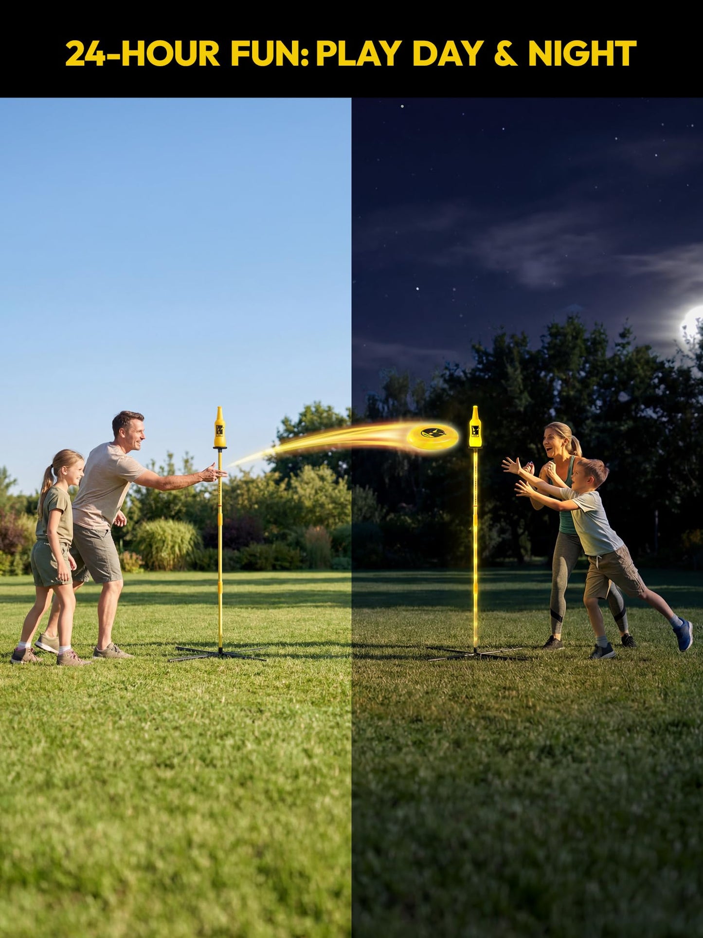 A11N SPORTS Light Up Bottle Bash Game Set, LED Toss Set with Color-Changing 10.5" Disc & 2 Glowing Poles, Indoor & Outdoor Night Game