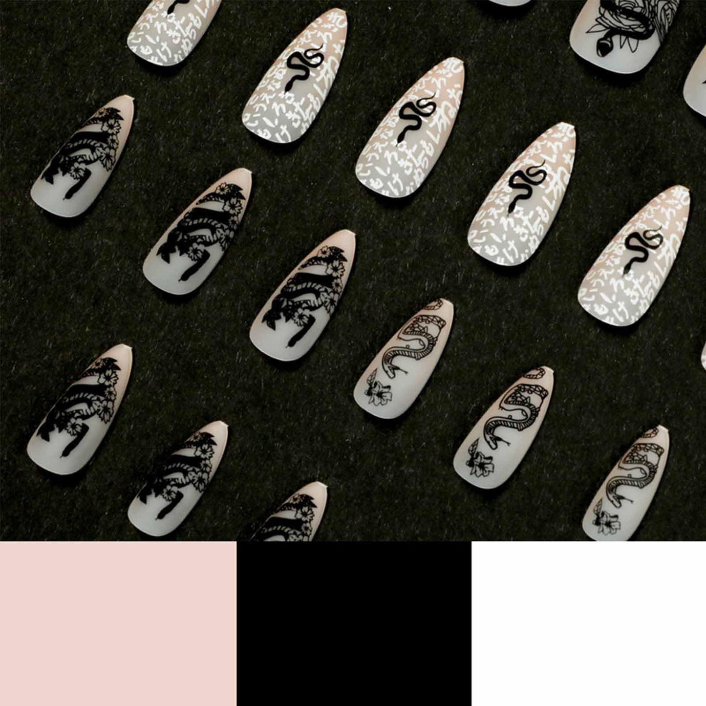 IMSOHOT Almond Press on Nails Medium Matte Nude Fake Nails Full Cover Acrylic False Nails with Black Rose Snake Designs Glue on Nails 24pcs