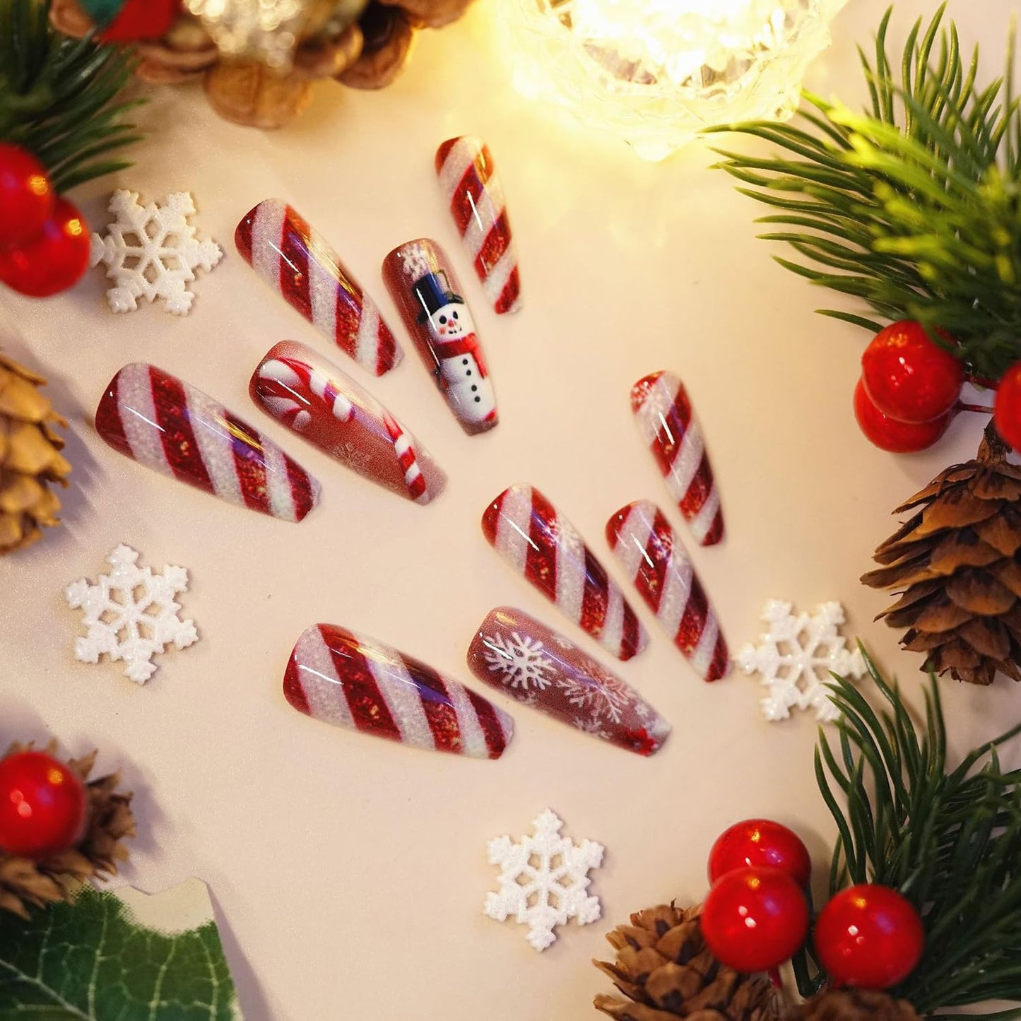 CJDLTS Snowflake Press on Nails Long Ballet Artificial Acrylic Fake Nails Snowman Red White Stripe with Glitter Stick on Nail Christmas False Nail Full Cover Winter Artificial Fingernails for Women