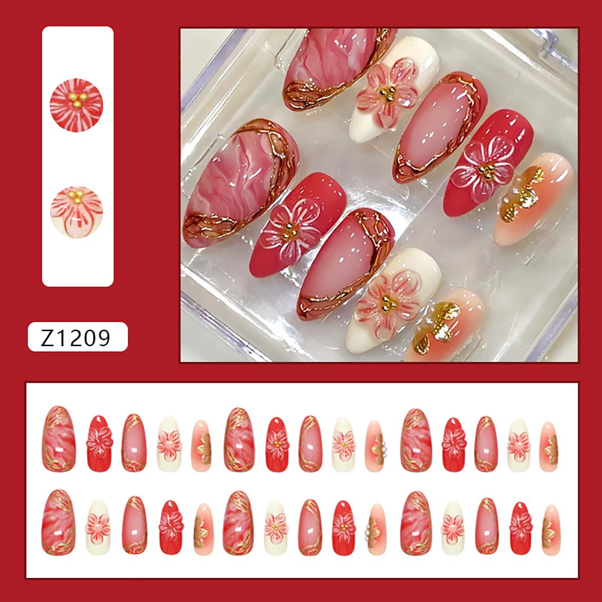 24Pcs Pink Press on Nails Medium Almond Fake Nails 3D Gold Flower Pearl Glitter Design Full Cover Tip Stick on Nails Peach Blossoms Glue on Nails Spring Summer False Nails for Acrylic Manicure