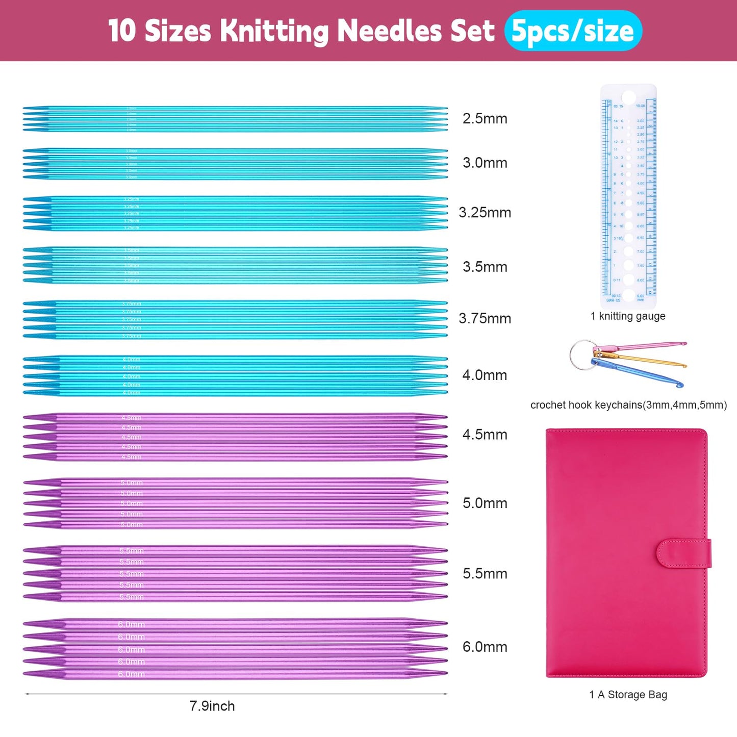 Hobekoee 50pcs Double Point Knitting Needles Set Aluminum Knitting Needle (2.5mm-6.0mm) 7.9-inch Knitting Needles for Beginners,DIY Knitting Projects,10 Sizes
