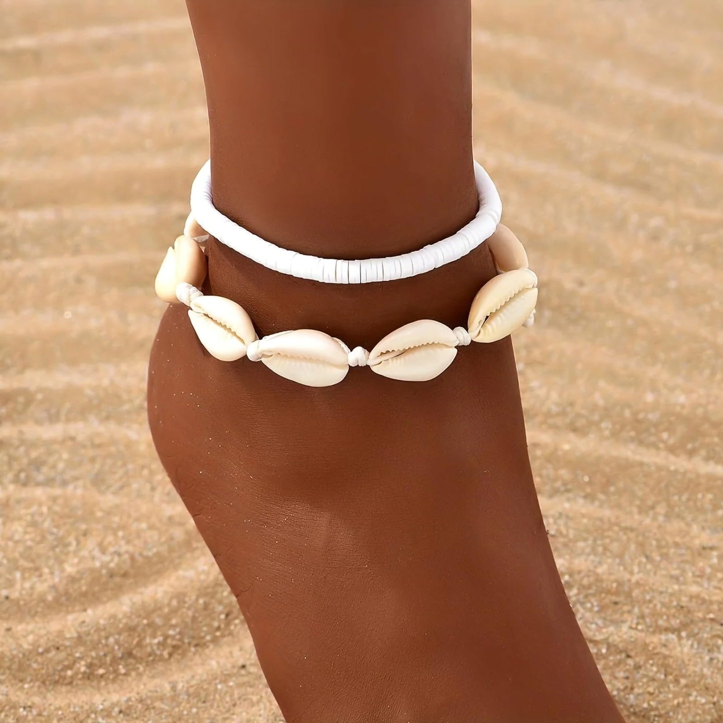 Qceasiy Shell Ankle Bracelet Set for Women, Boho Bead Adjustable Anklet, Hawaiian Beach Seashell Pearl Heart Starfish Conch Foot Jewelry Gifts (Shell&Puka)