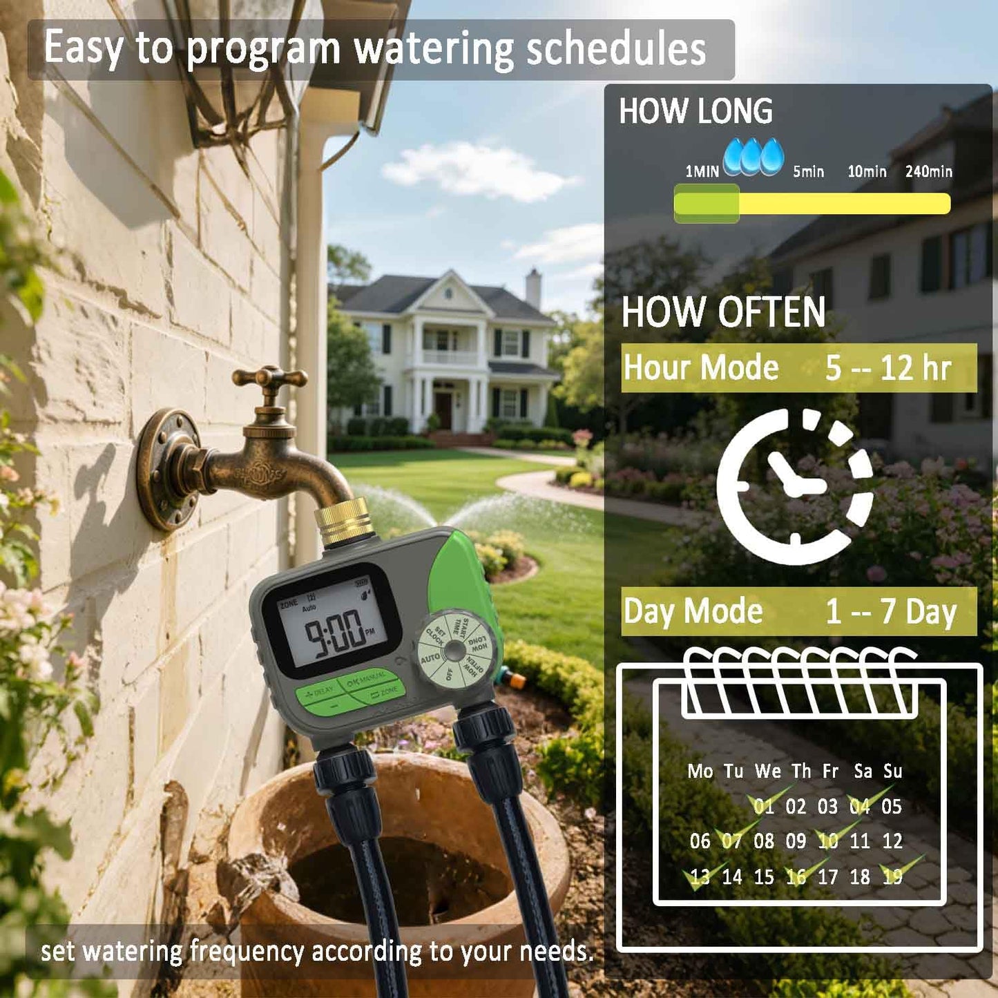 Drip Irrigation System with Water Timer(Dual System) Plug-in Quick Connection Drip Irrigation Kit 5/16“ID and 1/4 Inch Pipe Auto Watering System for Garden Spray, Greenhouse, Lawn, Potted Plants