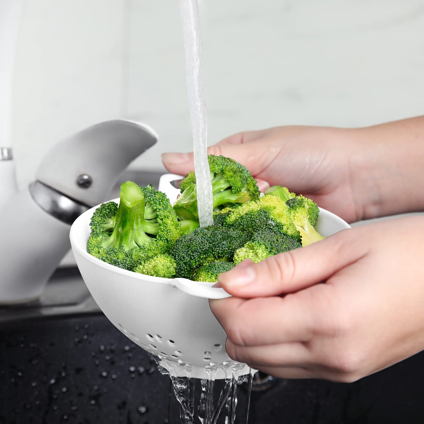 Meadow Lane 6-inch Small Colander, BPA-Free, Dishwasher Safe, Double Handles, Compact Food Strainer for Berries, Veggies and Pasta, 3-Cup Capacity, Smooth White