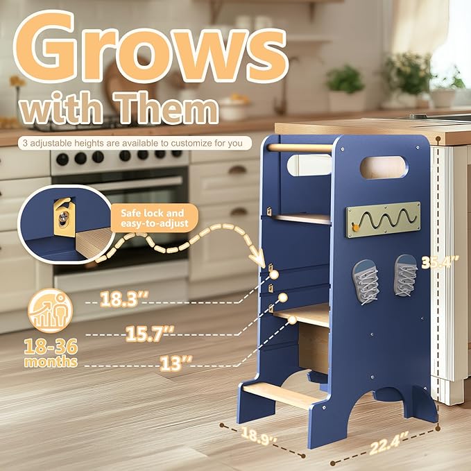 Toddler Tower 4-in-1 Multifunctional Kitchen Step Stool Helper with Removable Safety Board, Adjustable Heights, Slide, Highchair, Chalkboard, Montessori Games-Blue