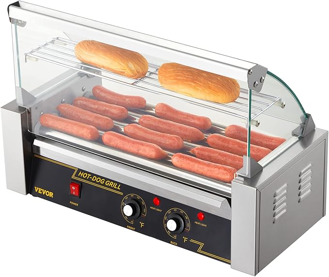 VEVOR Hot Dog Roller 5 Rollers 12 Hot Dogs Capacity, 750W Stainless Sausage Grill Cooker Machine with Dual Temp Control Glass Hood Acrylic Cover Bun Warmer Shelf Removable Oil Drip Tray ETL Certified