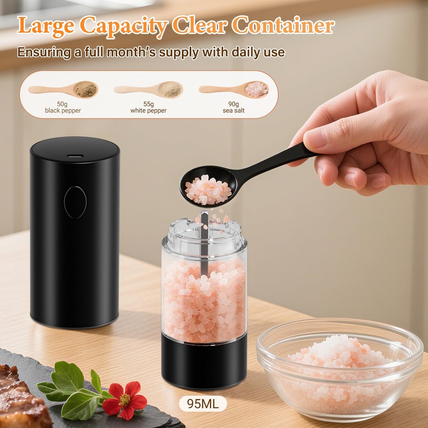 WOWBOX Electric Salt and Pepper Grinder Set 2 PCS, 6-Level Adjustable Coarseness, Rechargeable with LED Light, Large Capacity Multifunctional, for Kitchen, BBQ, Outdoor, Restaurant (Black & White)