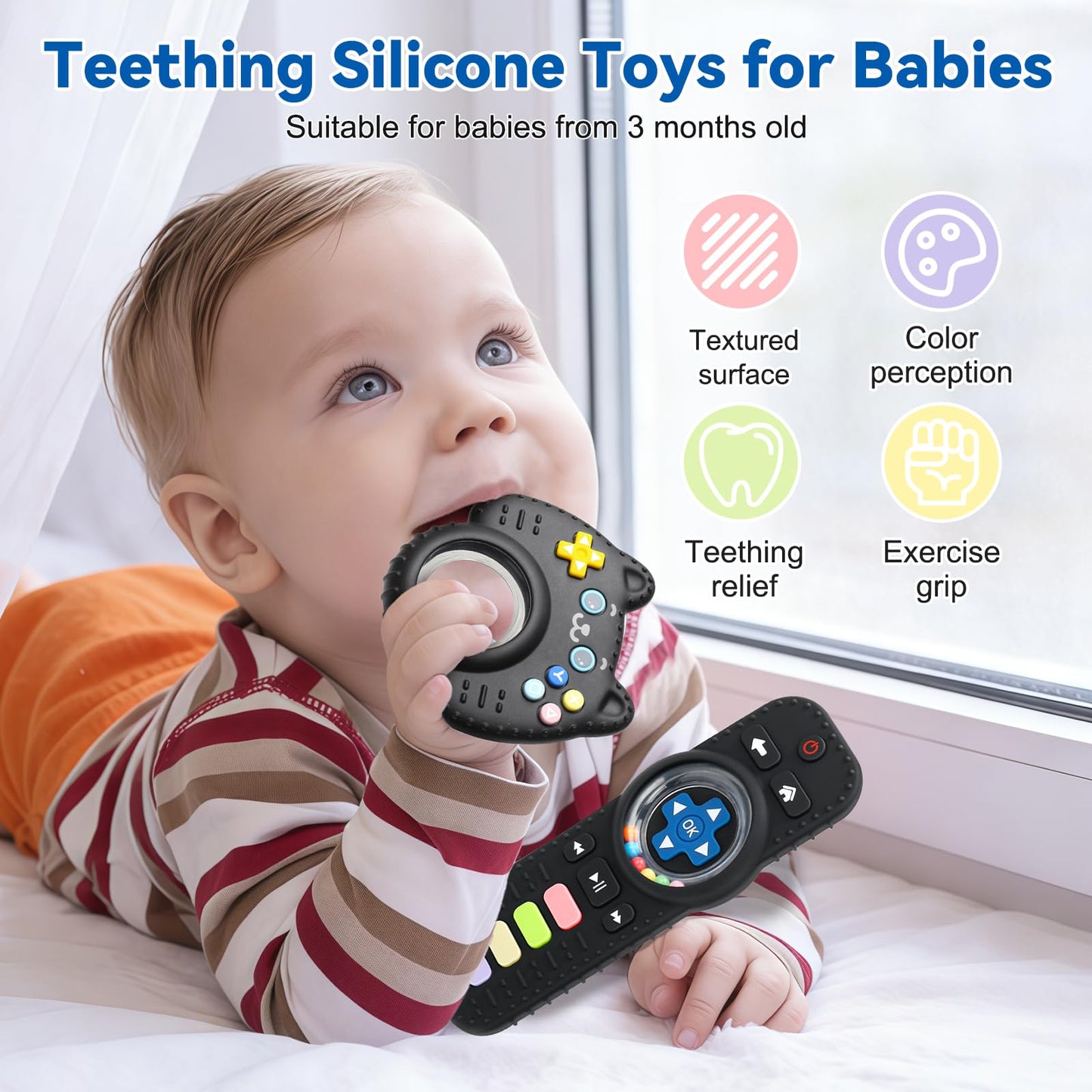2 Pack Baby Rattles Teething Toy for Babies 3-6 Months, Teething Relief for Infant 6-24 Months, Silicone Teethers TV Remote Boys and Girls Sensory Toy