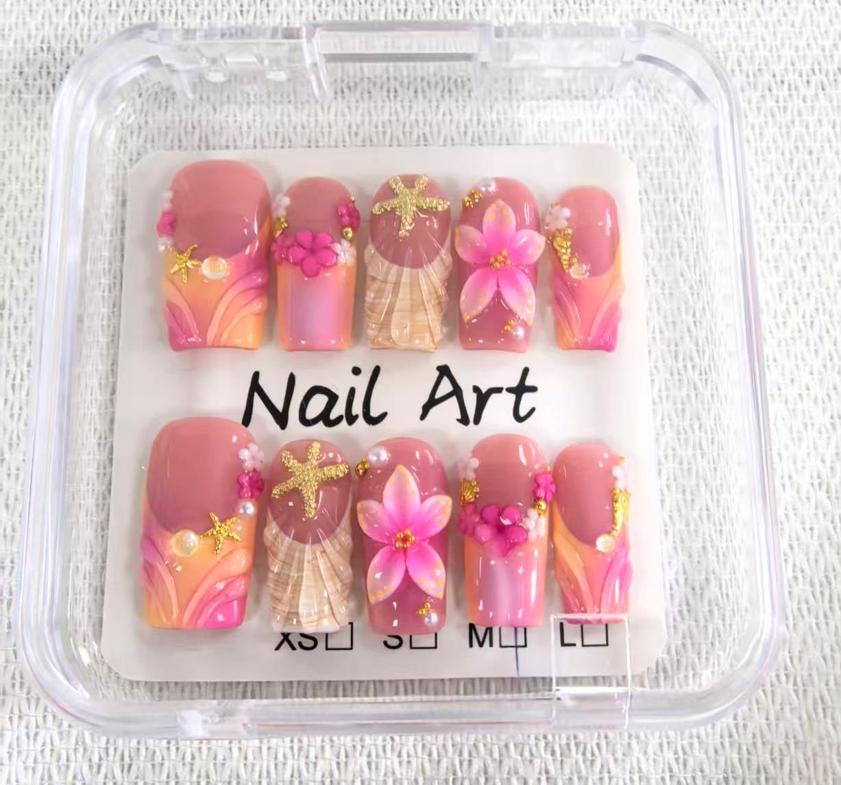 Handmade Press on Nails Medium Square Fake Nails Pink French Tip with 3D Flower Designs Beach luxury Glossy Cute Acrylic Nails for Women 10pcs (Size M）
