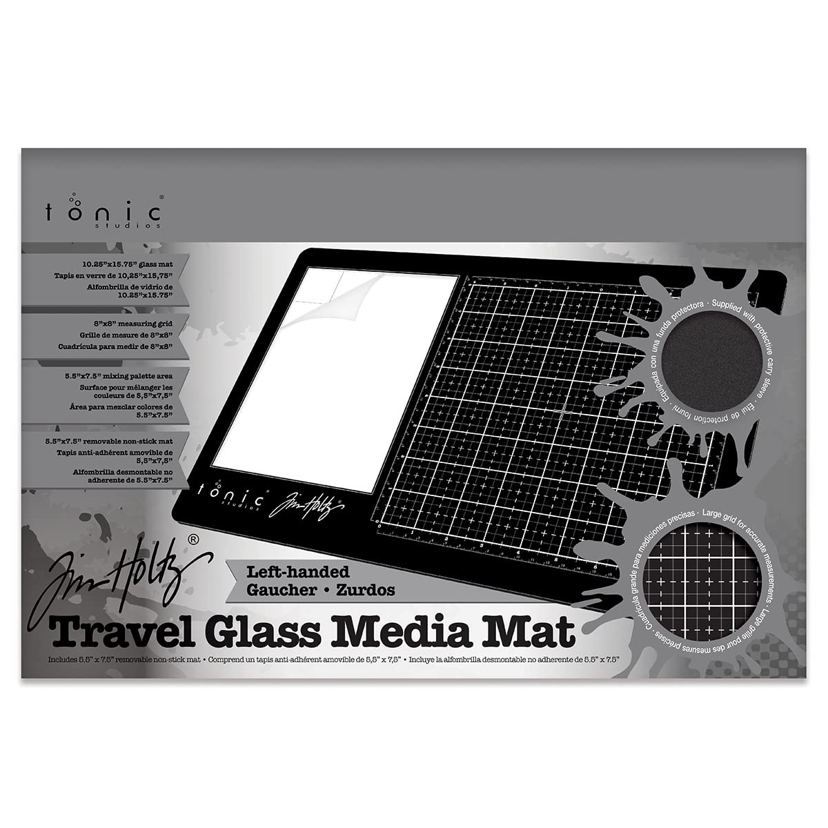 Tim Holtz Travel Glass Cutting Mat - Left Handed Portable Work Surface with 8x8 Measuring Grid and Palette for Mixed Media - Art Supplies with Carry Case