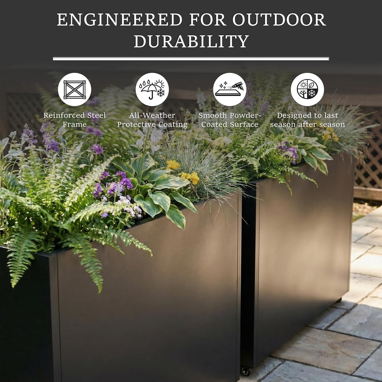 WIZWERK Metal Planter Box with Wheels, 36" Large Rolling Outdoor Planter with Drainage & Removable Shelf, Rectangular Planter Raised Garden Bed for Patio, Balcony, Porch & Backyard, Black