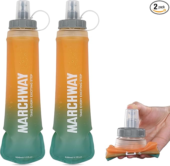 MARCHWAY Soft Hydration Flask with Wide Mouth, 300ml/500ml Collapsible TPU Water Bottle, Leakproof Portable Flexible for Running, Hiking, Cycling, Climbing, Gym, Travel (2pcs Orange-Green 500ml)