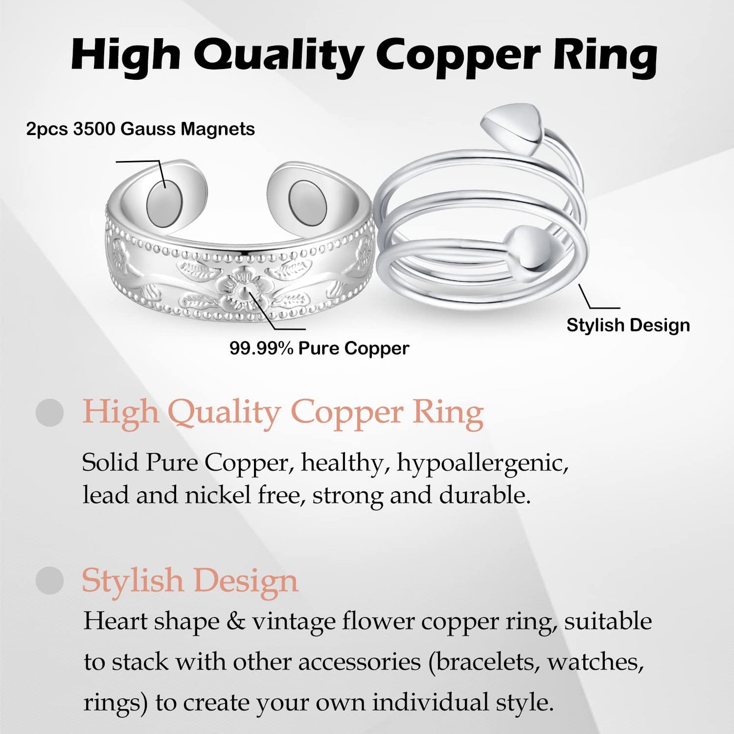 Feraco 2PCS Copper Rings for Women,Magnetic Thumb Ring with Magnets,Lymphatic Jewelry Gifts for Womens