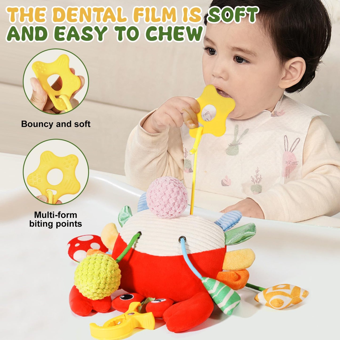 ElapseGlow Crab Baby Toy - Clip-On Hanging Sensory Toy for Car Seat, Stroller, Gym with Squeaker, Crinkle, Rattle, Mirror & Teether | Soft Plush 18 Months Infant Developmental Toy for Tummy Time (Red)