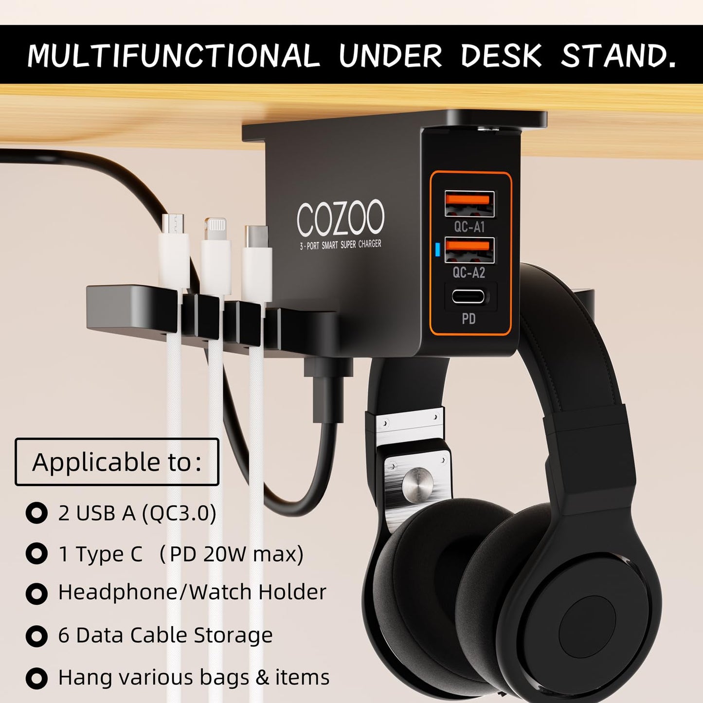 cozoo Headphone Stand with USB Charger Under Desk Headset Holder Mount 3 USB Charging Station,iWatch Stand Watch Dock Dual Earphone Hanger Hook,PC Accessories Gifts,UL Tested