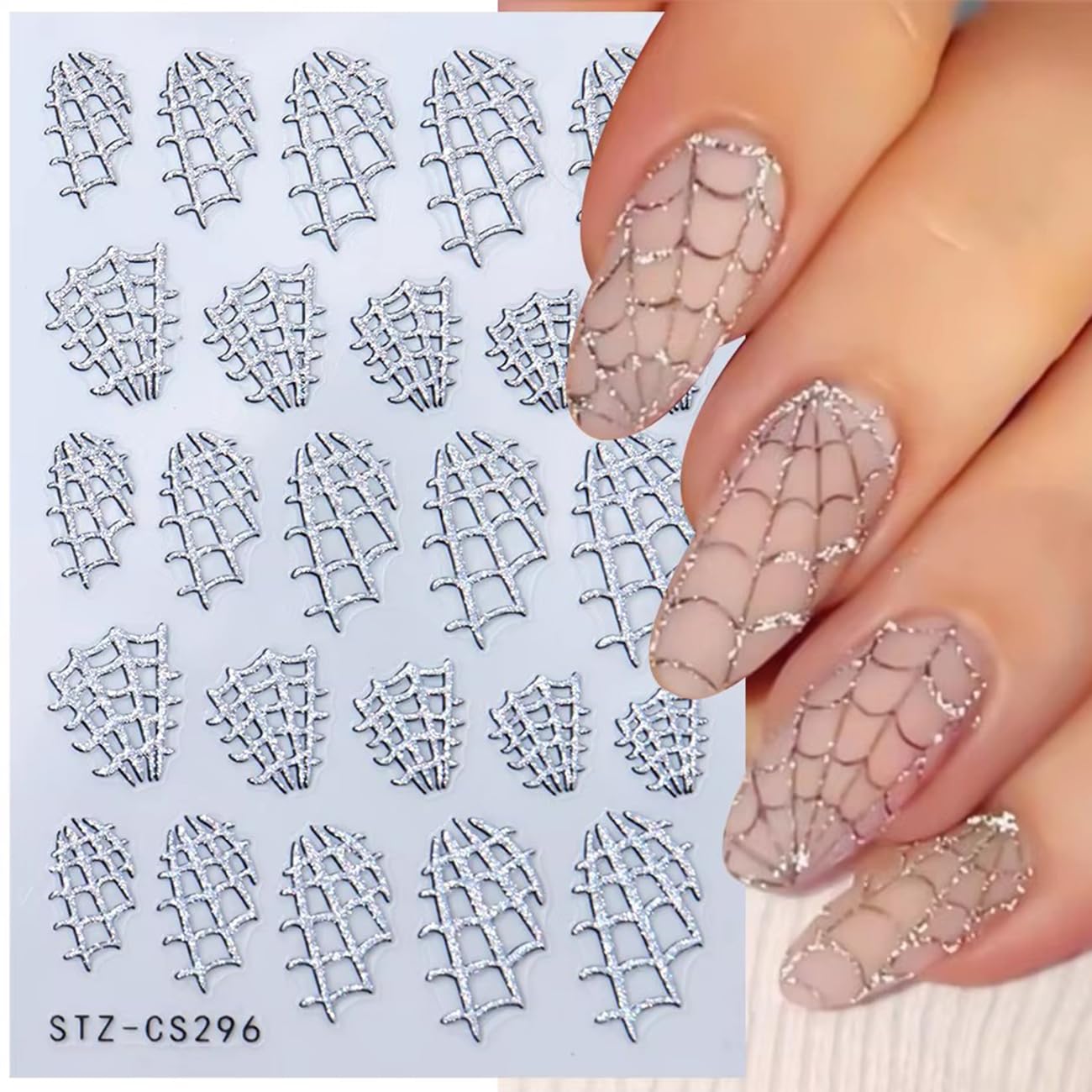 8Sheets Halloween 3D Glitter Spider Nail Art Stickers - Self-Adhesive Black Gold Silver Spider Web Decals - Luxury Gothic Design for Women DIY Nail Decoration