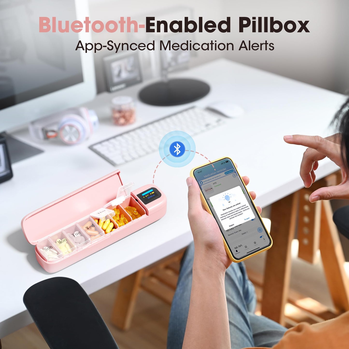 Daviky Automatic Pill Dispenser, Smart Pill Organizer with Alarm, Pill Box 7 Day with APP, Weekly Travel Pill Case, Portable Pill Reminder for Medicines, Supplements and Vitamins (Pink)
