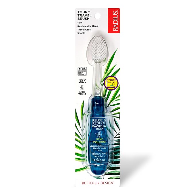 Radius Tour Travel Brush & Case with Replaceable Brush Head ADA Accepted Toothbrush Improve Gum Health - Blue - Pack of 1