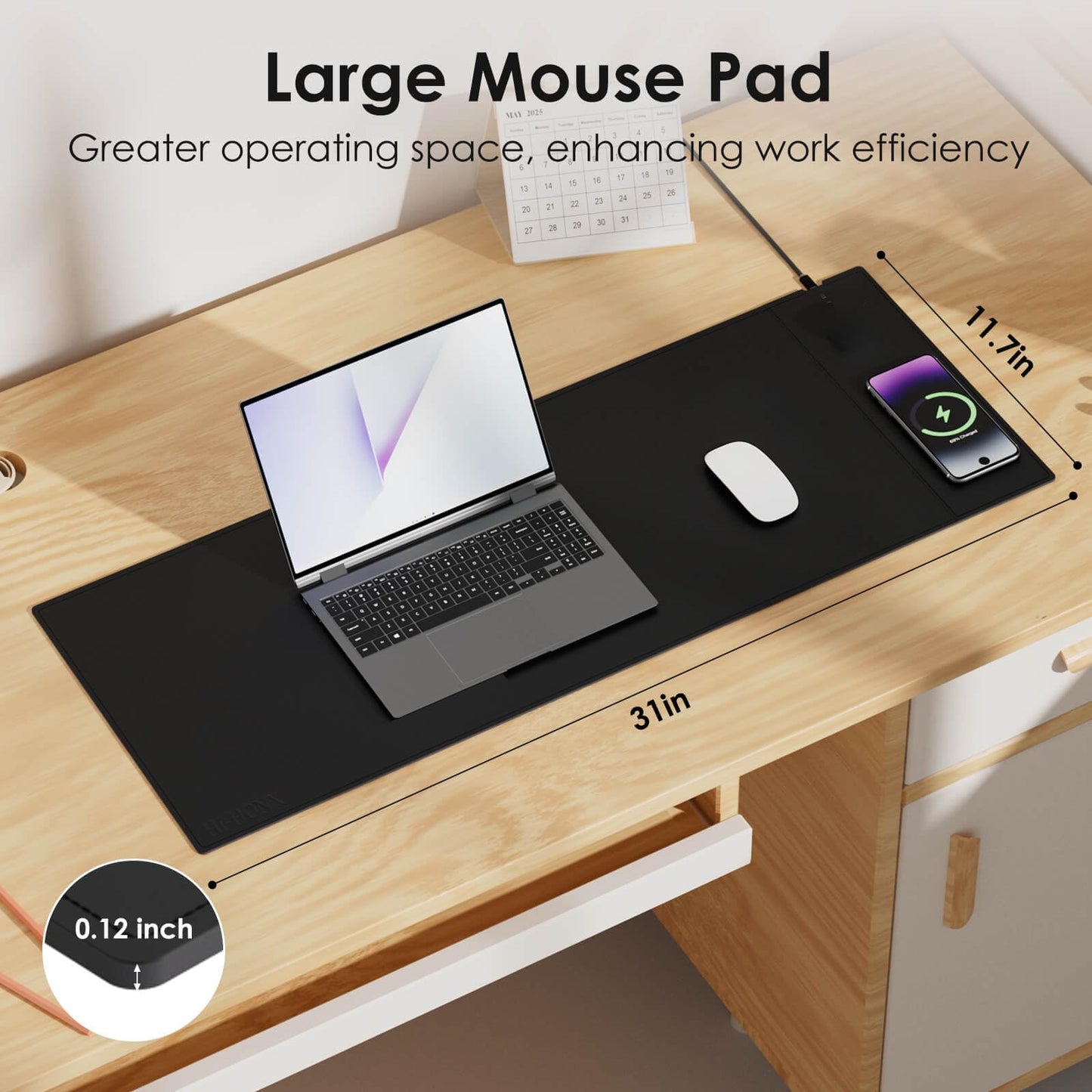 Magnetic Mouse Pad with Wireless Charging, 31'' x 11.7'' Extra Large Desk Pad, Waterproof and Scratch-Resistant Mousepad, Charcoal Black Computer Mouse Mat for MacBook, PC, Laptop