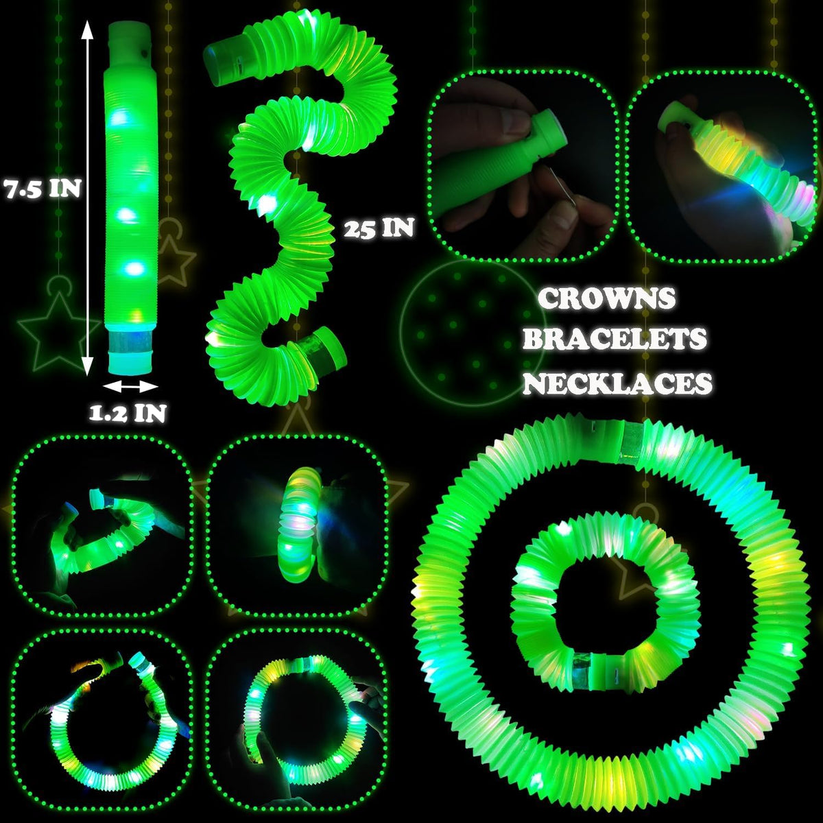 24 PCS Green Glow Sticks Christmas Party Favors for Kids, LED Light up Pop Tubes for Toddlers,Neon Necklaces Bracelets Accessories,Glow New Year Eve Party Supplies Birthday Dance Camping Decoration