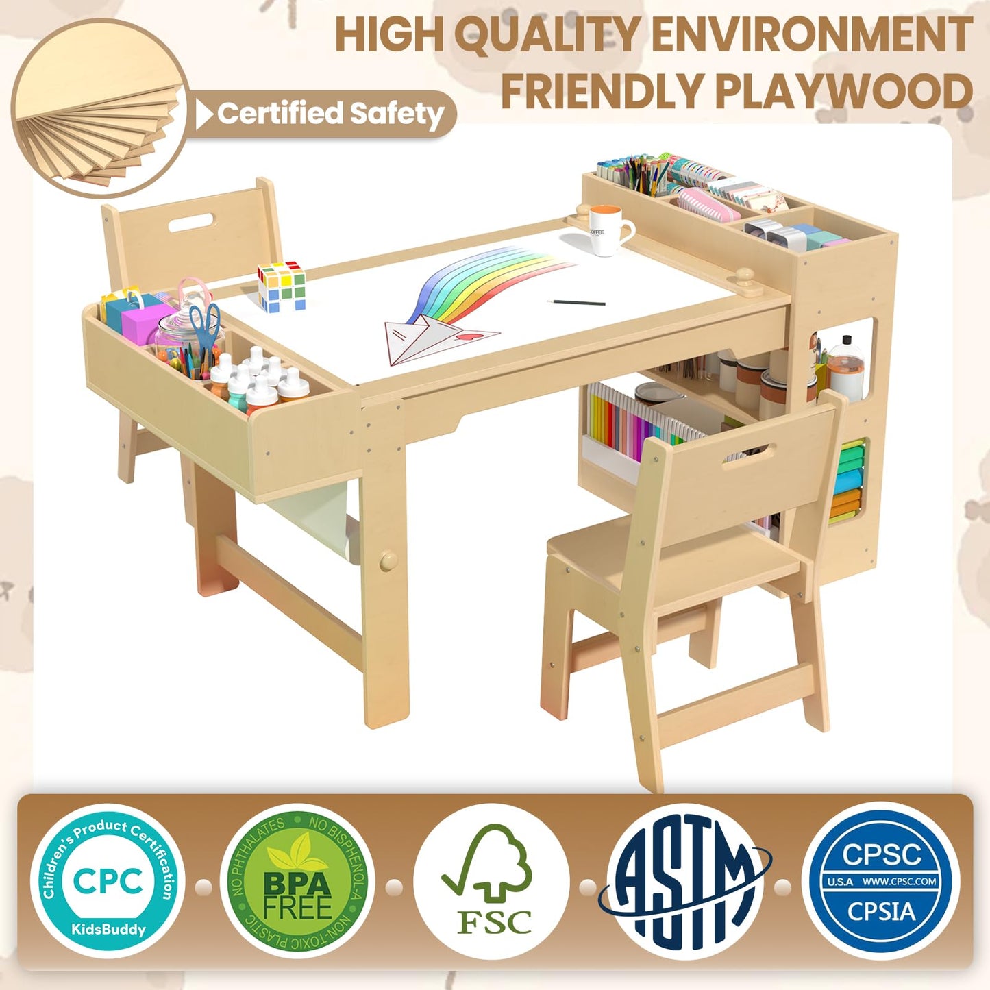 Kids Art Table and Chair Set, Kids Craft Table with Storage, Toddler Activity Play Desk with 2 Chairs, Wood Art Craft Play Desk with Paper Roller for Writing, Drawing, Learning and Reading