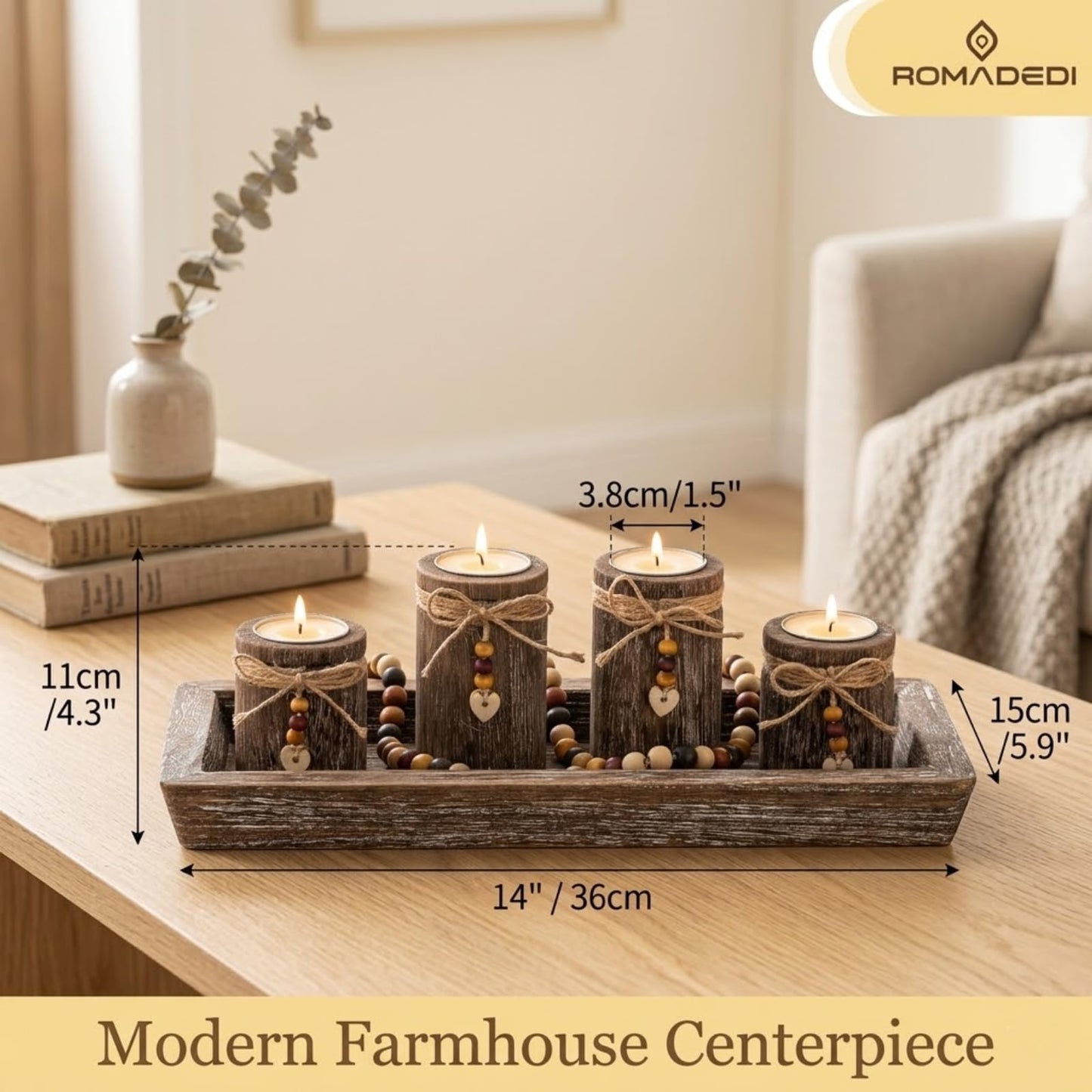 Farmhouse Coffee Table Decor Candle Holder - Romadedi Boho Wooden Tray with 4 Tealight Candles Holders for Tables Centerpiece Home Decorations Living Room Fireplace Kitchen