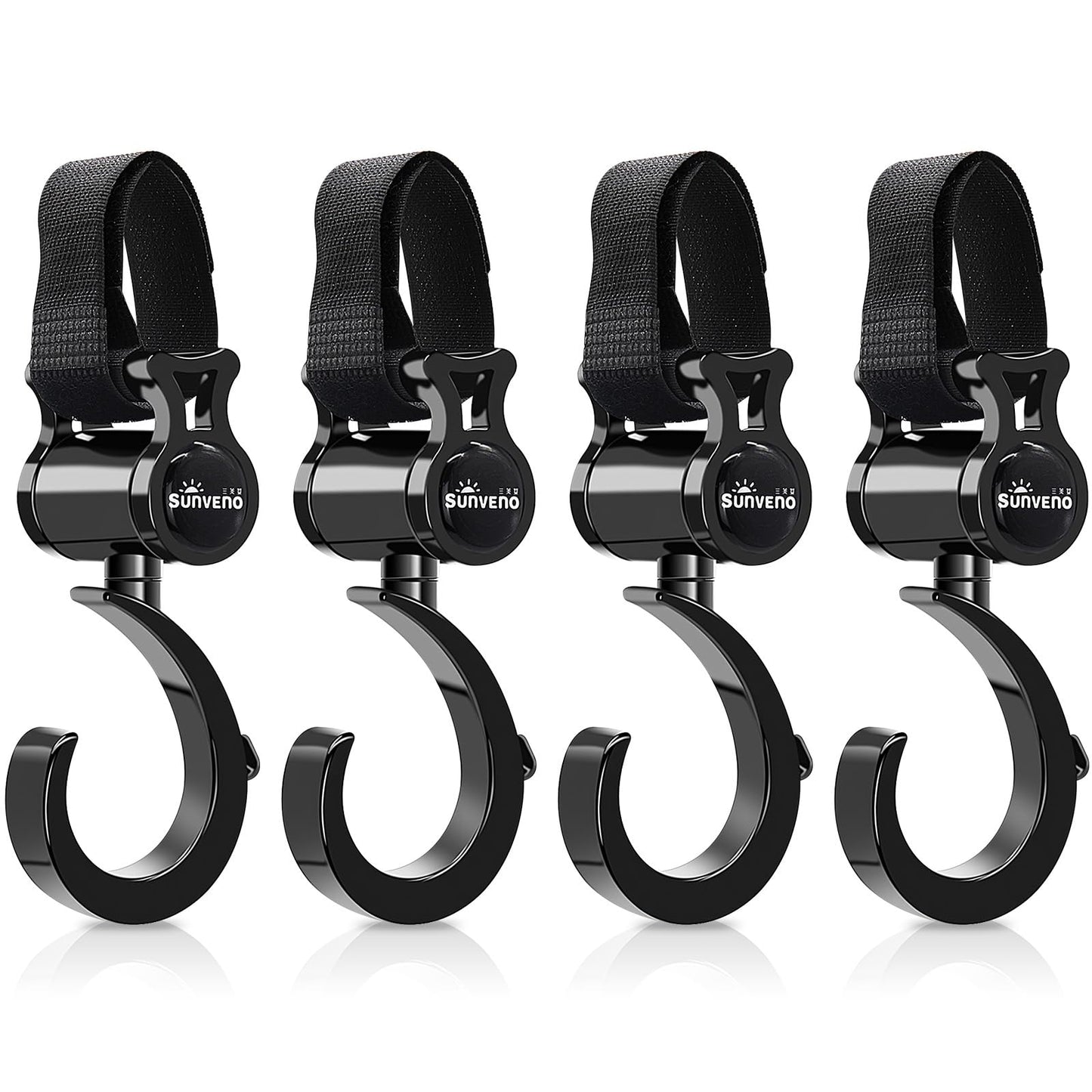 SUNVENO Stroller Hooks for Diaper Bag 4 Pack, Baby Travel Essential Heavy Duty 360° Rotating Clips, Universal Stroller Accessories for Wagons, Strollers, Carts and Bikes, Holds 10 lbs Each