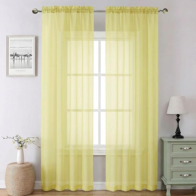 Lecloud Goose Yellow Sheer Curtains 90 Inches Long 2 Panels, Voile Rod Pocket Light Filtering Window Curtains for Living Room Bedroom Dining Room, Airy Drapes for Balcony, Each Panel 42" W x 90" L