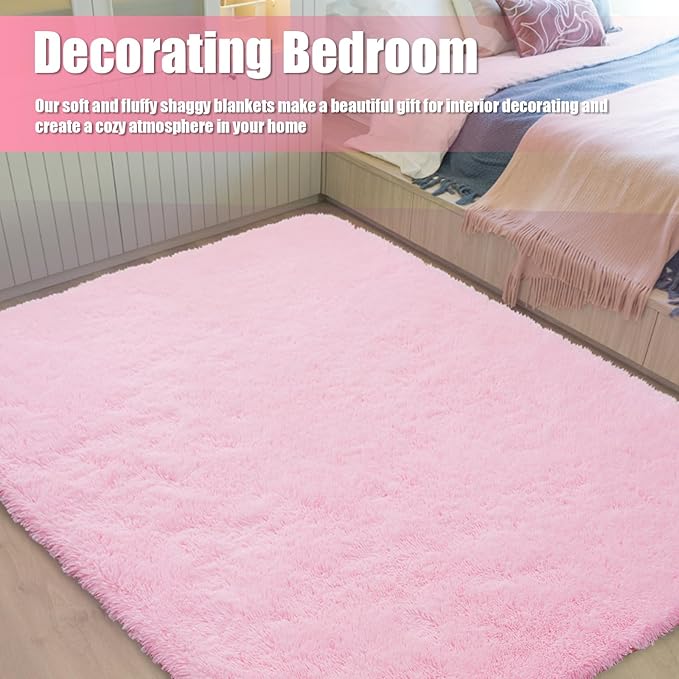 Shag Area Rug for Bedroom 3x5,Pink Fluffy Area Rugs for Living Room,Soft Fuzzy Rug Non-Shedding Indoor Plush Carpet for Kids Bedroom Nursery Dorm Home Decor