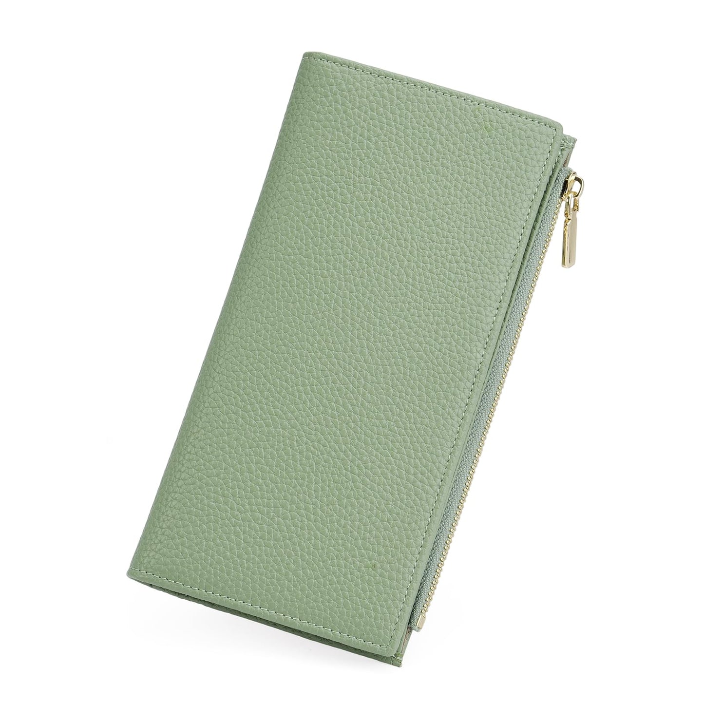 GOIACII Slim Wallet for Women Rfid Blocking Credit Card Holder with Zip Pocket Bifold Vegan Pebble Leather Green