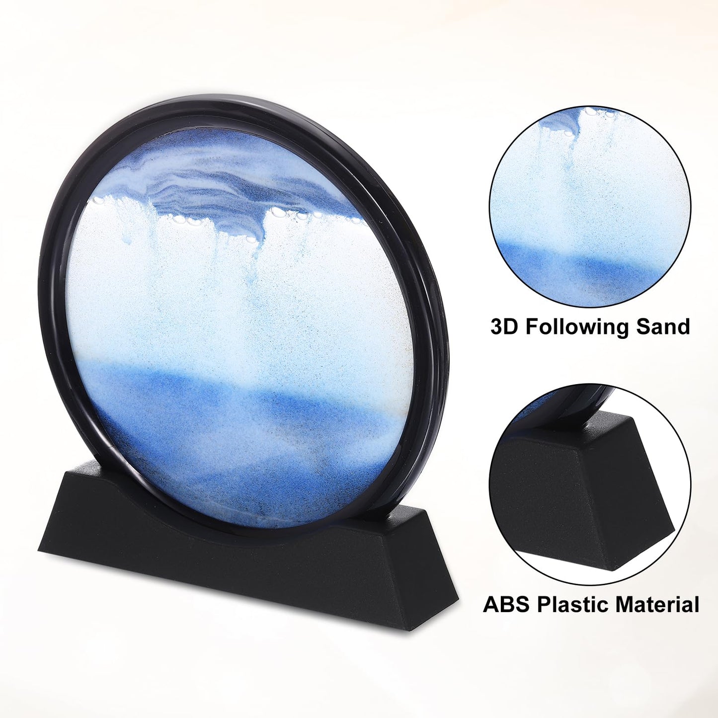HEARTOOL Moving Sand Art Picture 7" Round Tempered Glass 3D Liquid Motion Deep Sea Flowing Sand Scene with Display Frame Perfect for Desktop & Home & Office & Work Decoration (Blue)