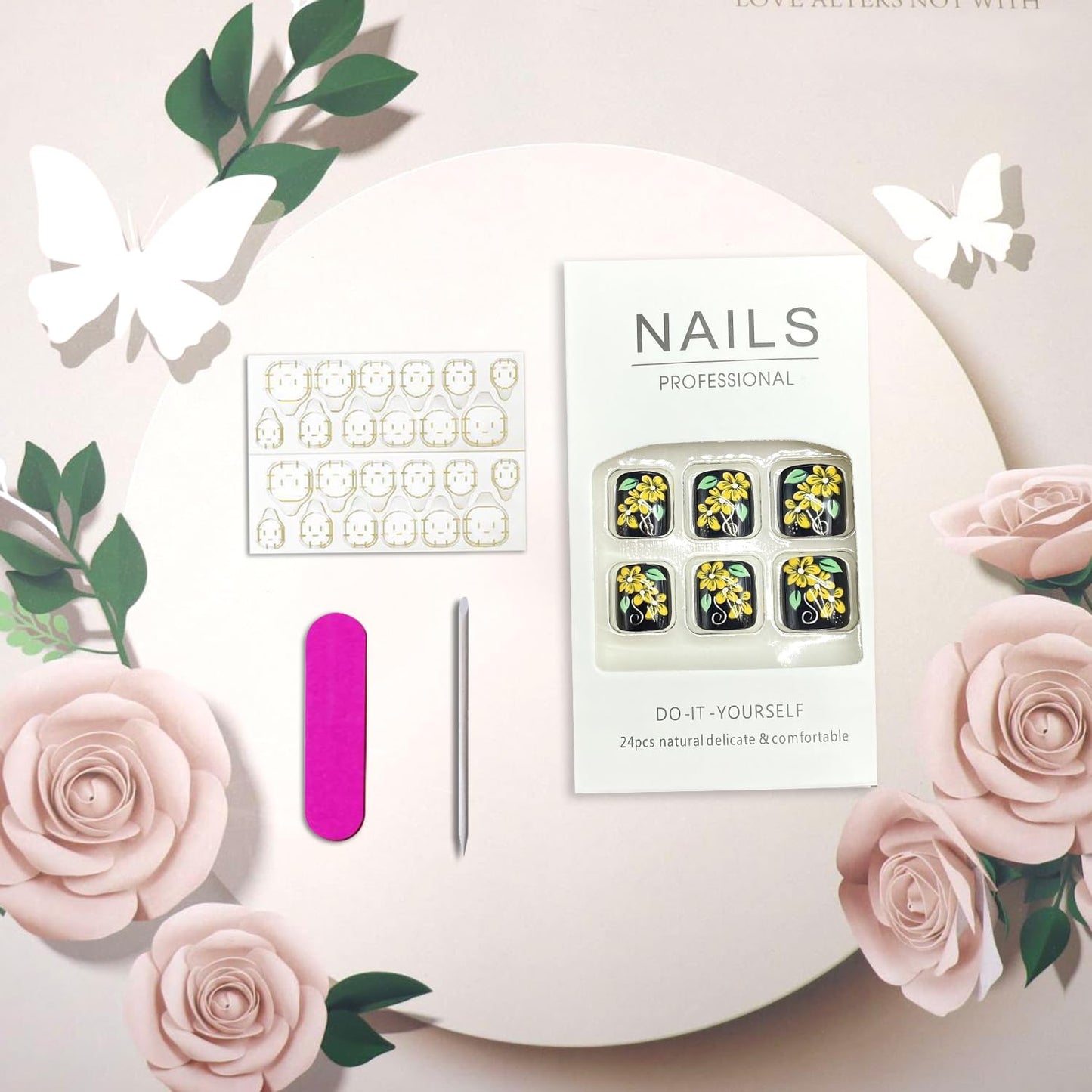 Yellow Flower Press on Toenails Summer False Toenails Black Solid Color Toe Nails Reusable Full Cover Toe Nails for Women