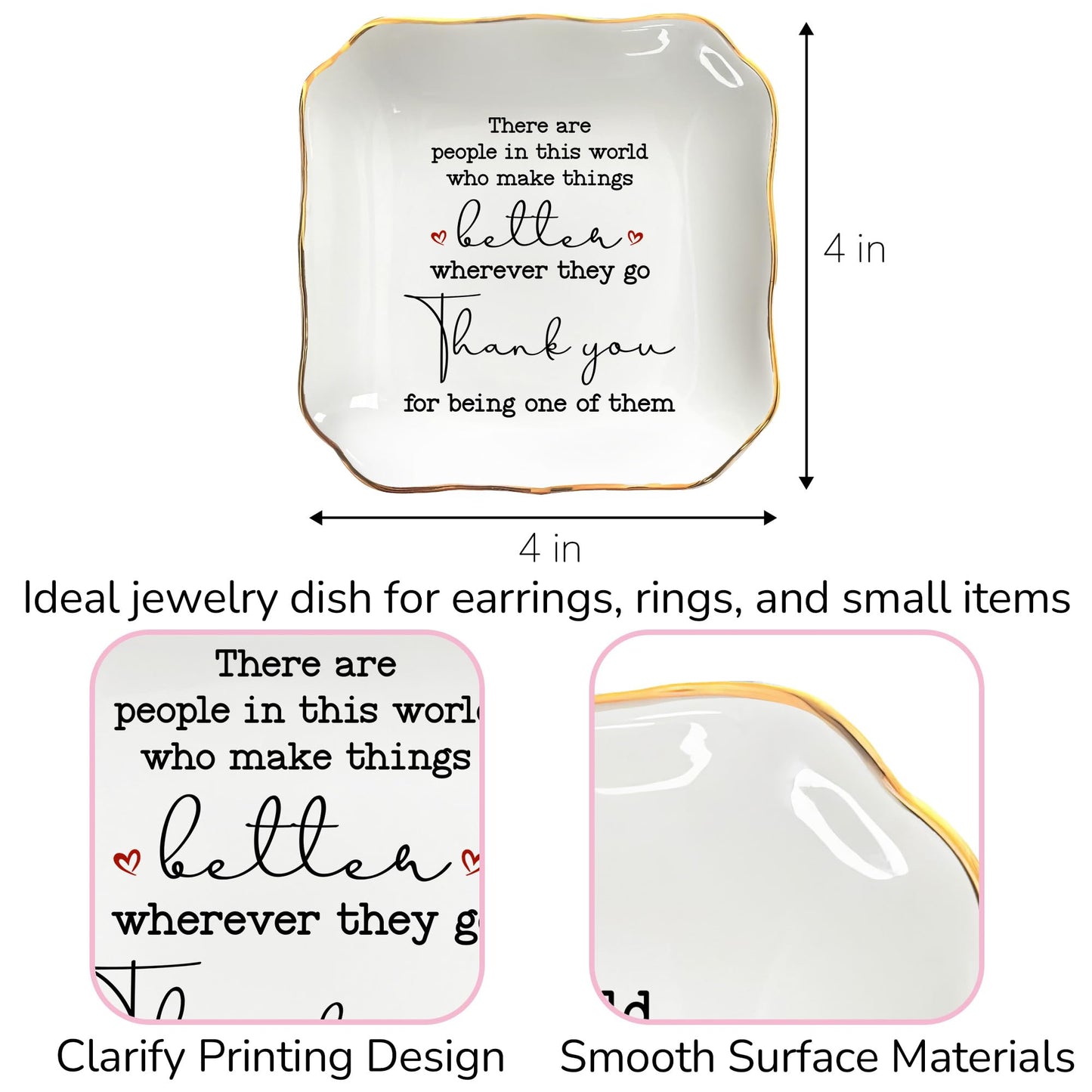 OASSIE Thank You Gifts for Women - 4"x4" Ceramic Jewelry Dish Tray - Teachers Day Nurse Week Birthday Appreciation Inspirational Retirement Teacher Appreciation Gifts for Women Coworkers Boss