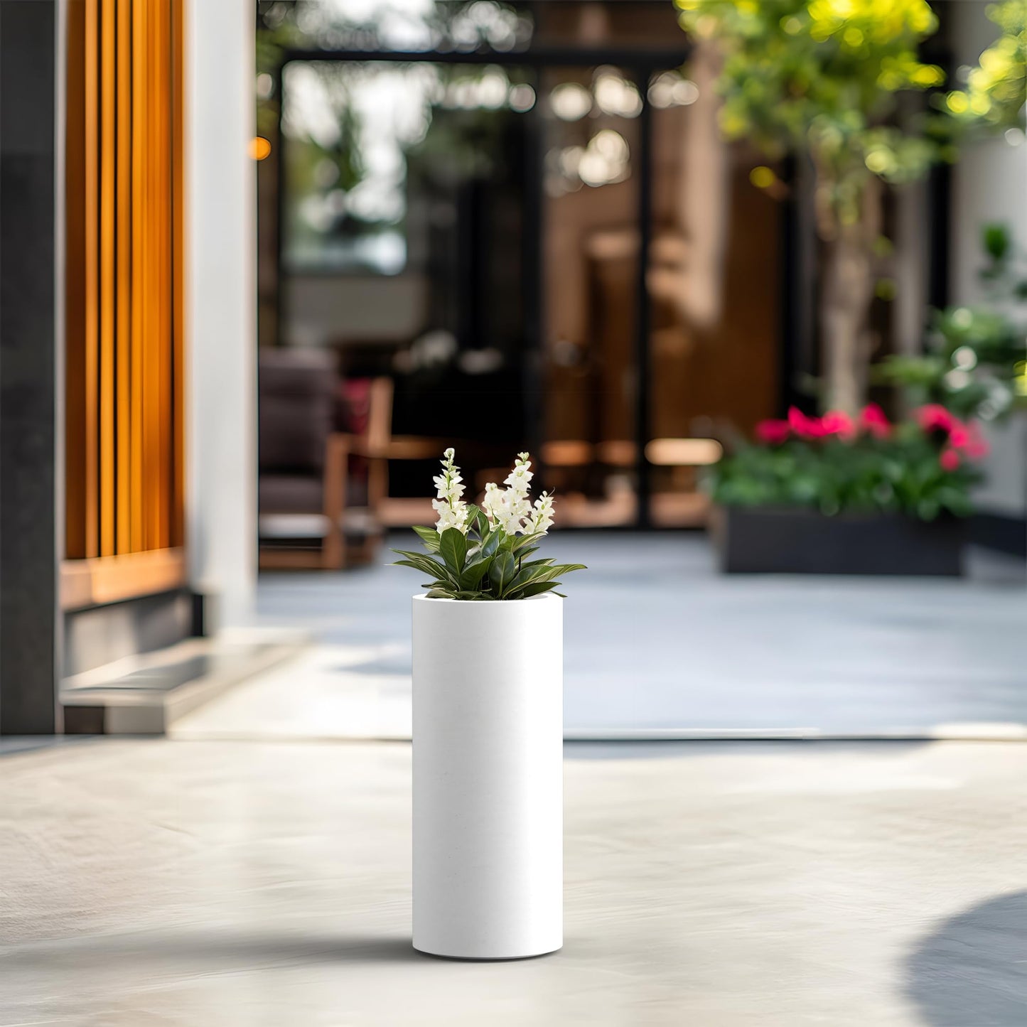 Kante 18.9 Inch Tall Cylindrical Planter, Large Round Plant Pots with Drainage Hole, Made with Concrete, Suitable for Indoor Outdoor Plants, Home Decor, White Finish with Painted Interior