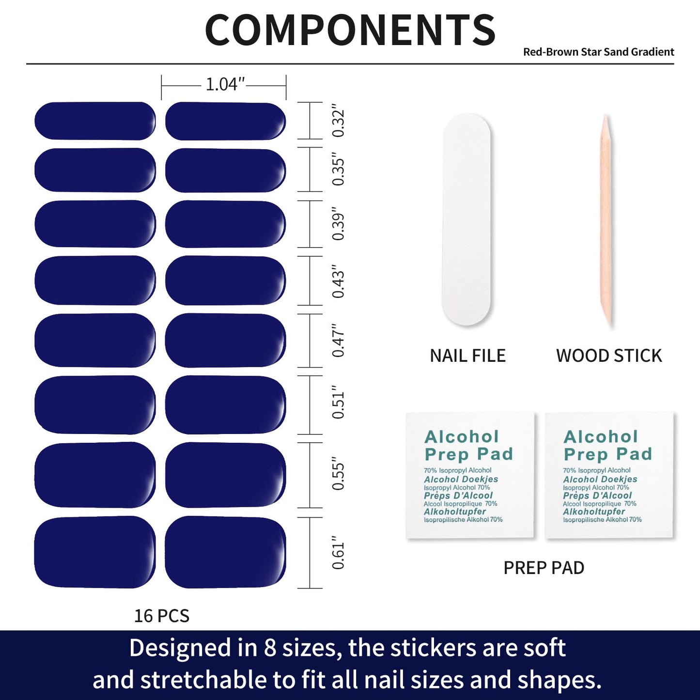 Semi Cured Gel Nail Strips - Navy Blue -Stylish Nail Wraps, No UV Light Needed, Effortless Application & Removal, Salon Quality, Includes 16 Wraps, 1 Prep Pad, Wooden Stick & Nail File