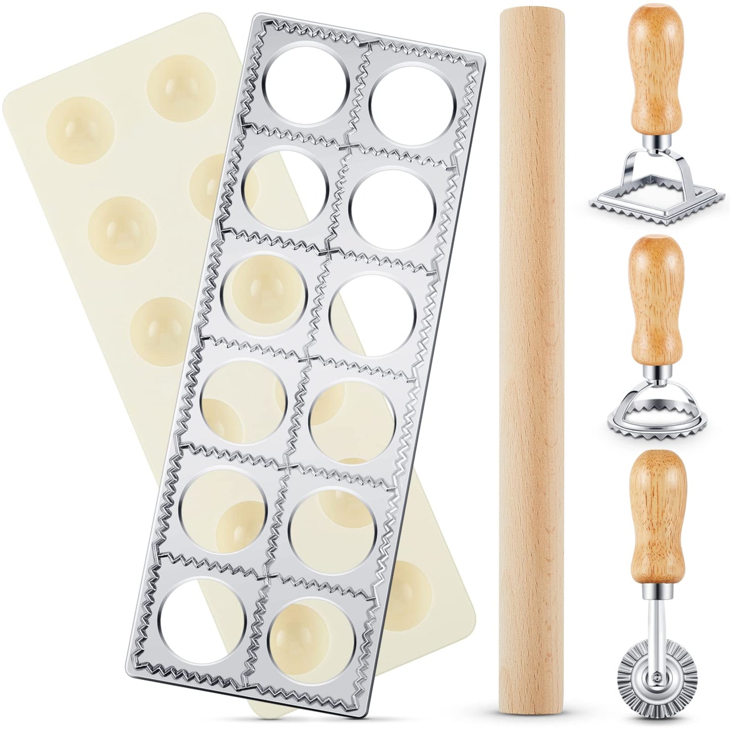 Geetery 5 Pcs Ravioli Mold Set 2 Inch Squares Ravioli Maker Cutter Include 1 Raviolis Maker Press 3 Pasta Cutter Stamp Makers 1 Wood Rolling Pin Pasta Making Tool for Home Kitchen Supplies (12 Holes)