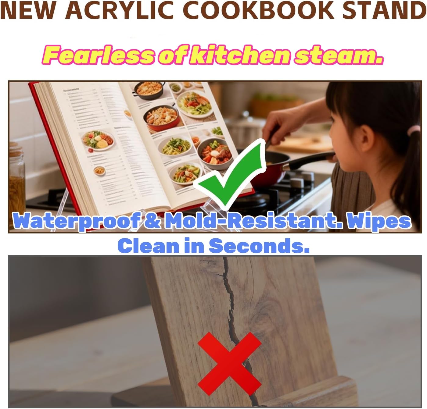 Cookbook Stand for Kitchen Counter Holds Books, Acrylic Cookbook Holder for Kitchen Counter Decor, Adjustable & Multifunctional Recipe Book Holder, Clear Display Holder