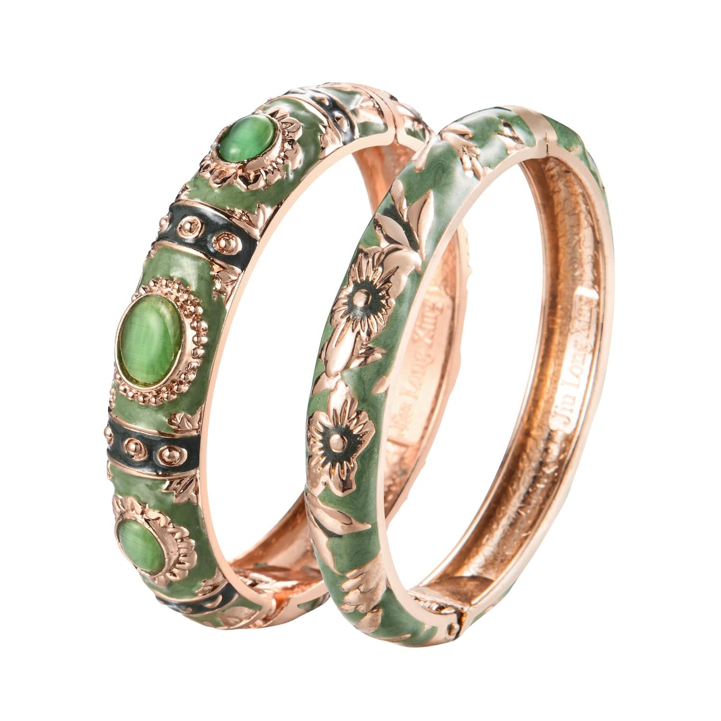 UJOY Vintage Cloisonne Jewelry Bracelet Gold Plated Handmade Bead Rhinestones Enamel Spring Cuff Bangles 2 Pcs Set for Womens Gift 7735-55A103 green