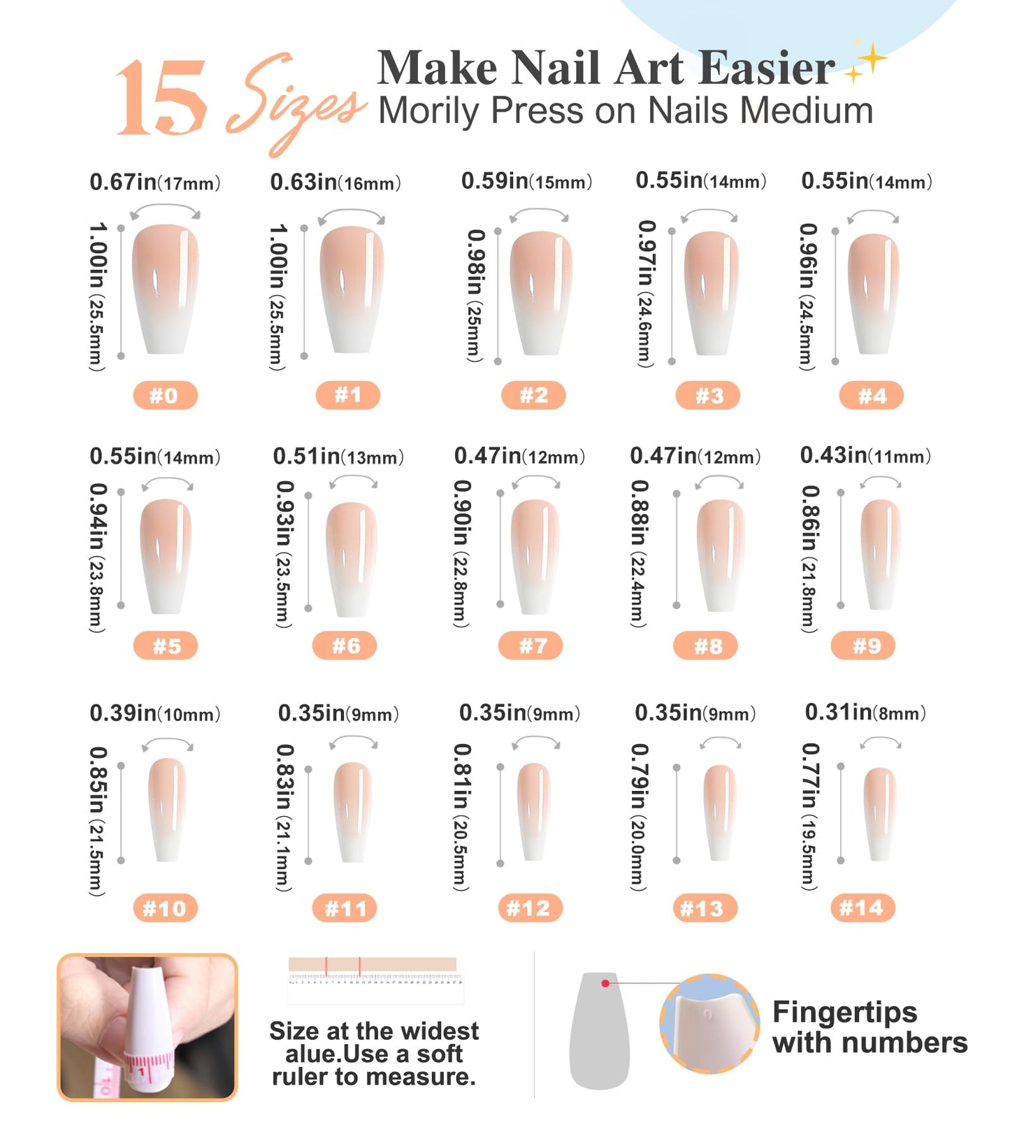 Morily Press on Nails - Pink Ombre Coffin Fake Nails Medium Length, French Tip Glossy False Stick on Fingernails for Women - 24Pcs in 12 Sizes