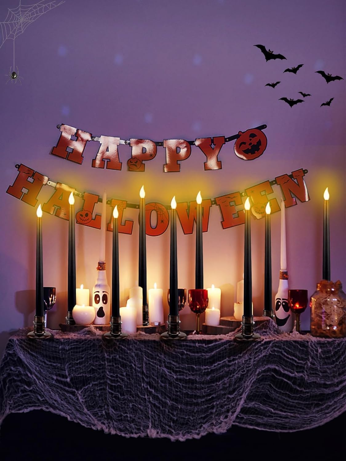 Alphatool 12 Pcs Halloween Black LED Flameless Candles with Bases - Flicker Flame, Tall Taper Smokeless Dripless Candles, Decor for Fireplace Diningtable Bar School