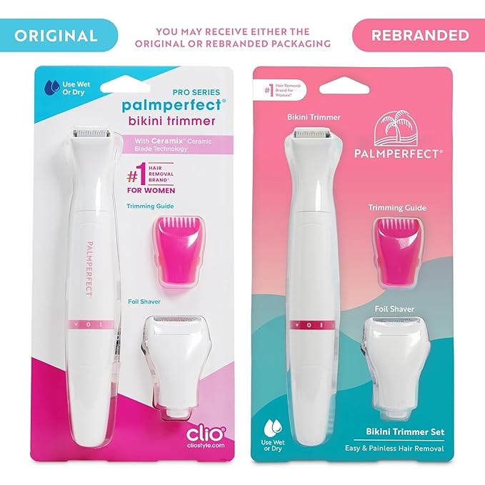 Clio PALMPERFECT Pro Series Bikini Trimmer for Women - Includes Foil Shaver and Exfoliating Brush Head - Cordless Hair Removal Electric Razor