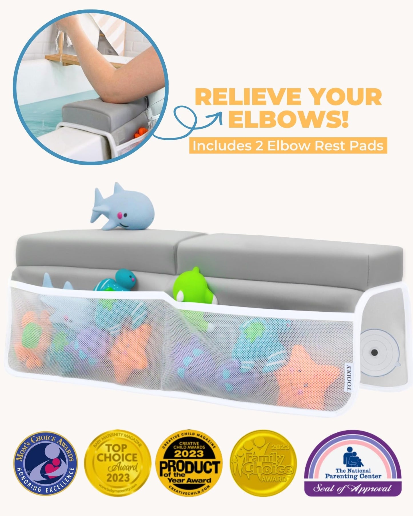 Comfortable Baby Bath Kneeler and Elbow Rest Pad Set – Thick Memory Foam Bath Kneeling Pad with Elbow Support – Baby Bathtub Cushion with Toy Organizer for Bathing Infant or Toddler - Grey