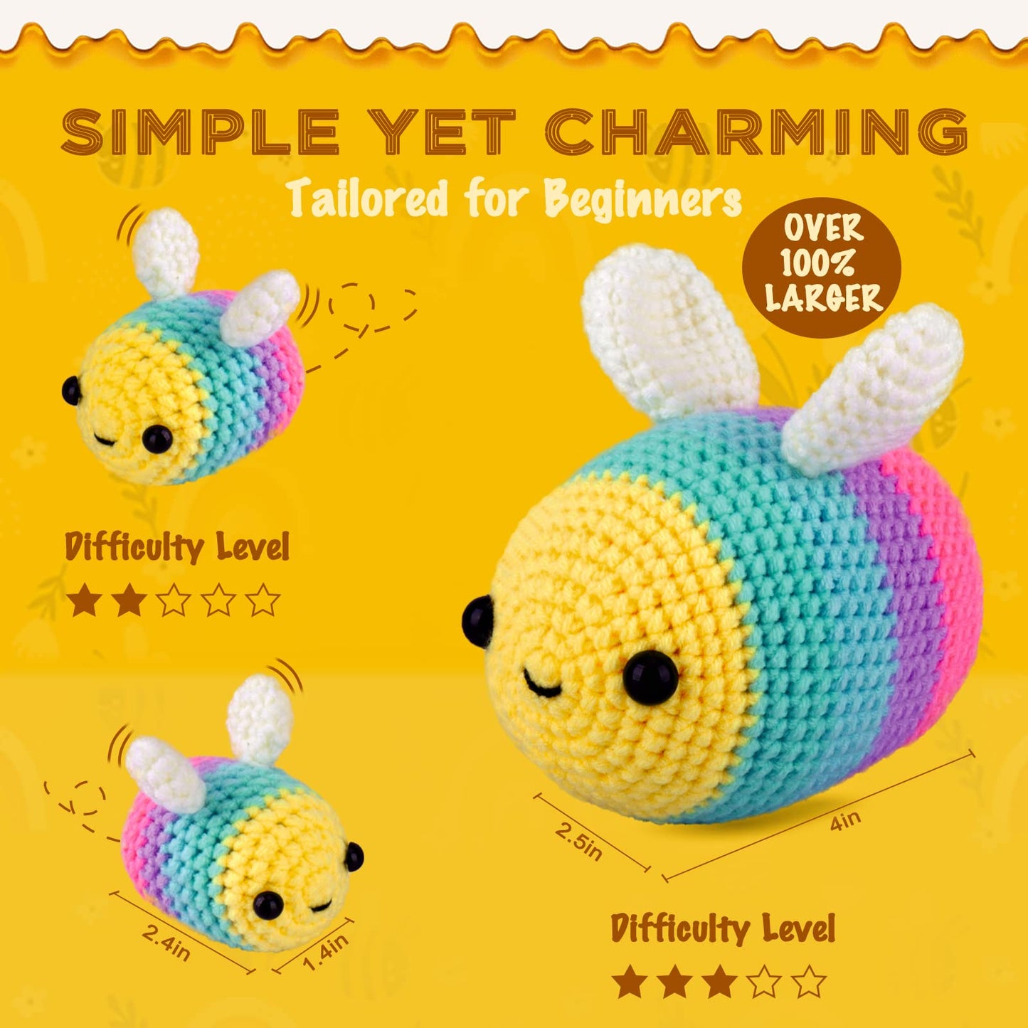 Crochetta Crochet Kit for Beginners, Beginner Crochet Starter Kit with Step-by-Step Video Tutorials, Beginner Crochet Kit for Adults Kids, Knitting Kit for Beginners, Bee Family (Yellow)