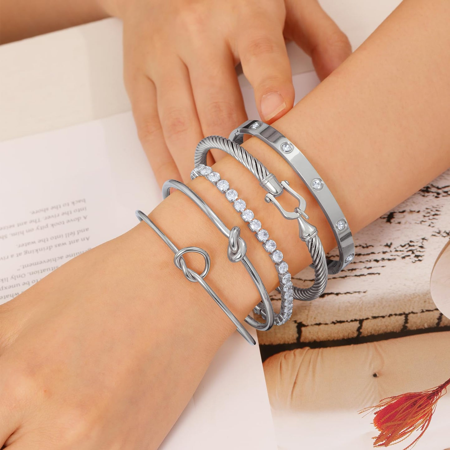 FAFUGA 18 K Silver Plated Love Bangle Bracelet Stack Cuff Jewelry for Women Jewelry Set for Women Gift with Box (style20)