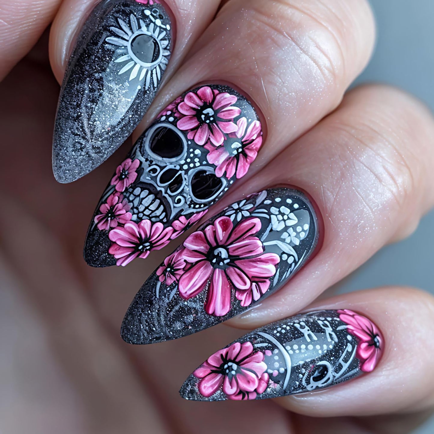CJDLTS 24Pcs Halloween Flower Skull Press on Nails Medium Pink Floral Skull Pattern Design Halloween Nail Full Cover Glossy Artificial Acrylic False Nail French Almond Medium Glue on Nails for Women